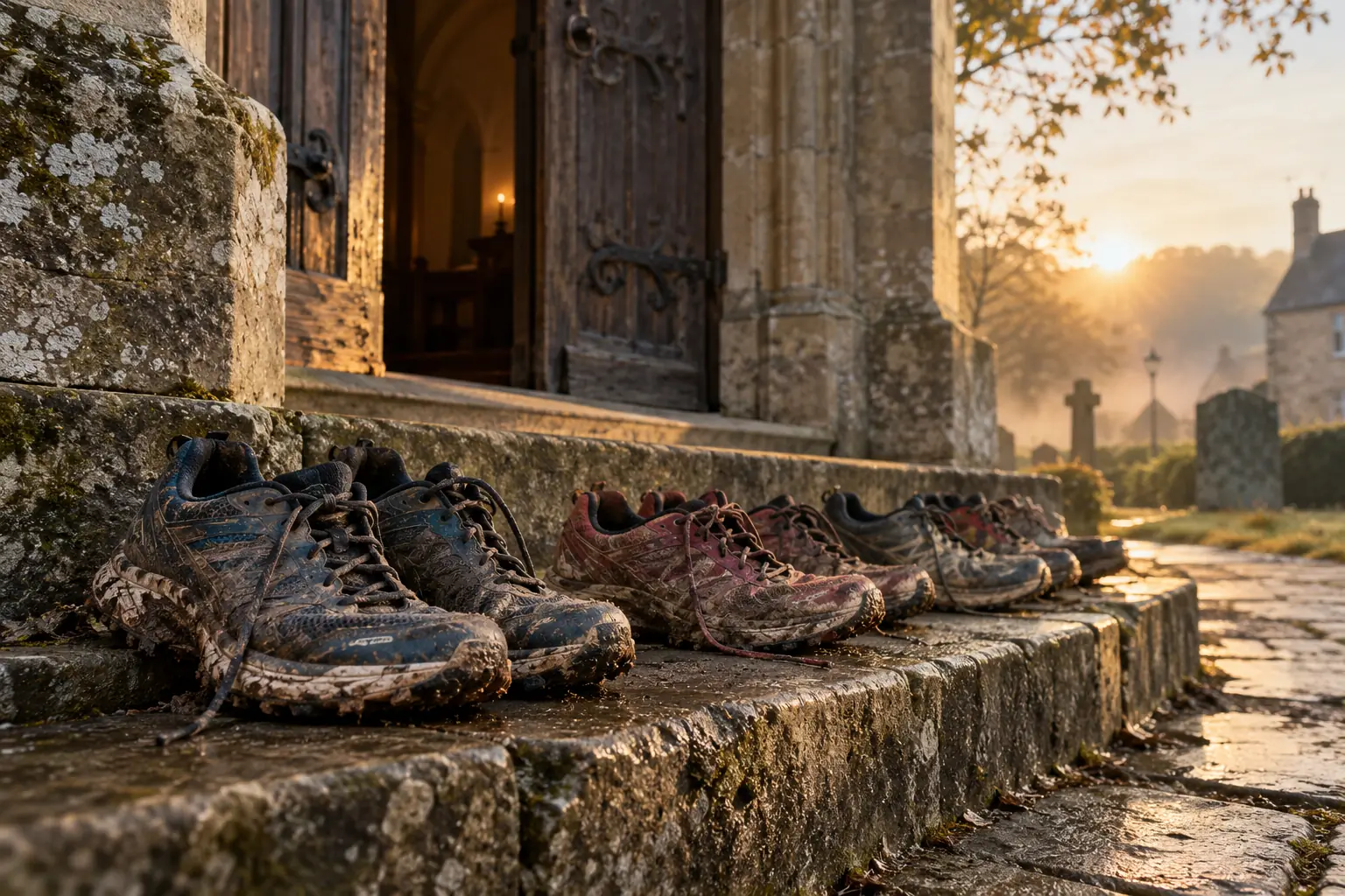 Muddy running shoes lined up on the worn stone steps of a village church at sunrise, its wooden doors open and a candle glowing inside
