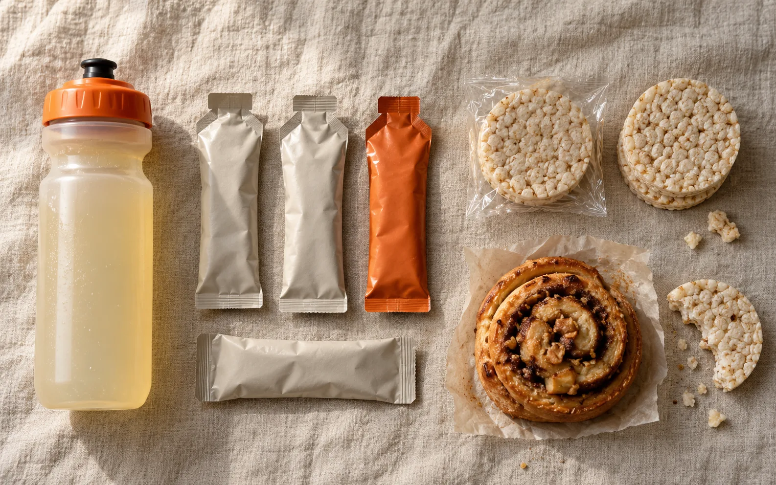 Race fuel laid out on linen: a sports drink bottle, energy gels, rice cakes, and a cinnamon scroll