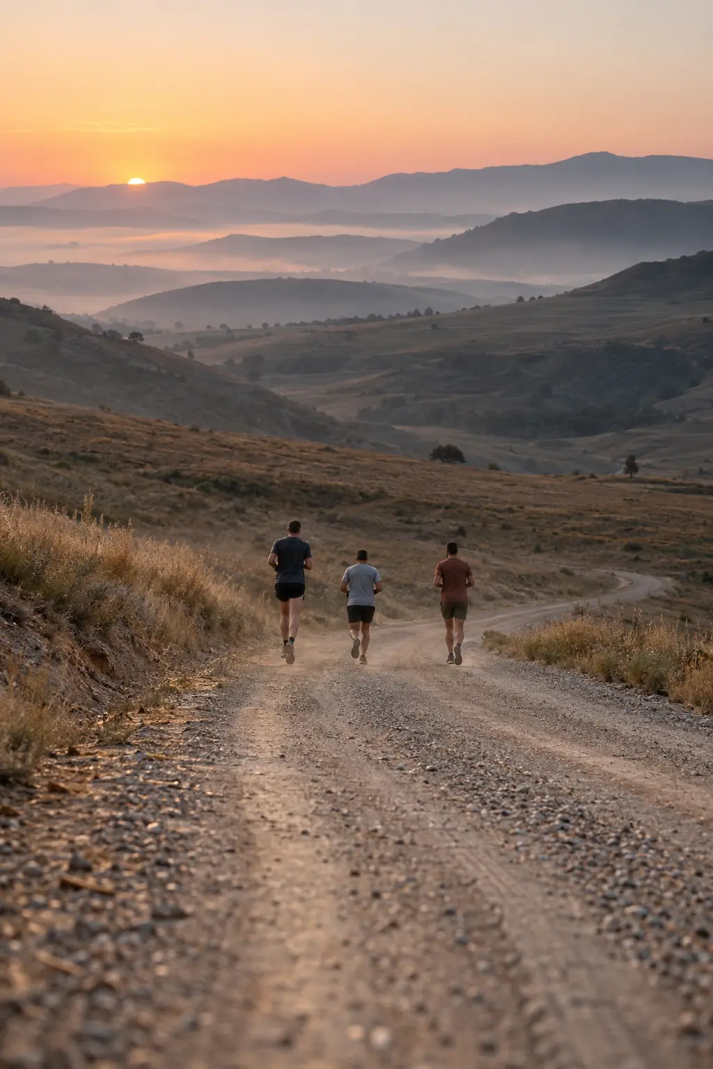 Three runners on a gravel track winding through dry, hilly countryside at sunrise, with mist in the valleys below